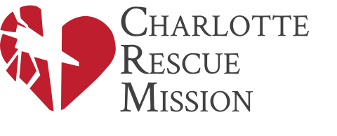 Charlotte Rescue Mission logo with red heart and white cross, gray text on white background