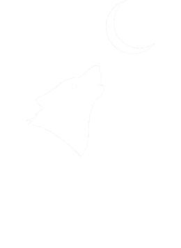 Faint outline of a howling wolf beneath a pale moon on a white background