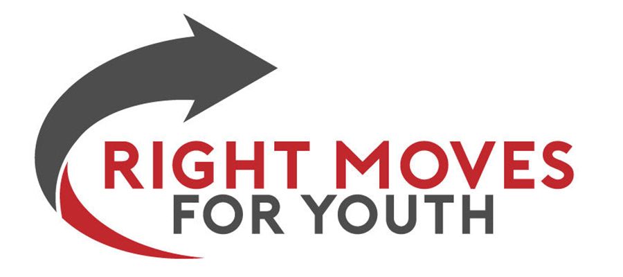Right Moves for Youth logo with a red and gray curved arrow over bold red and black text