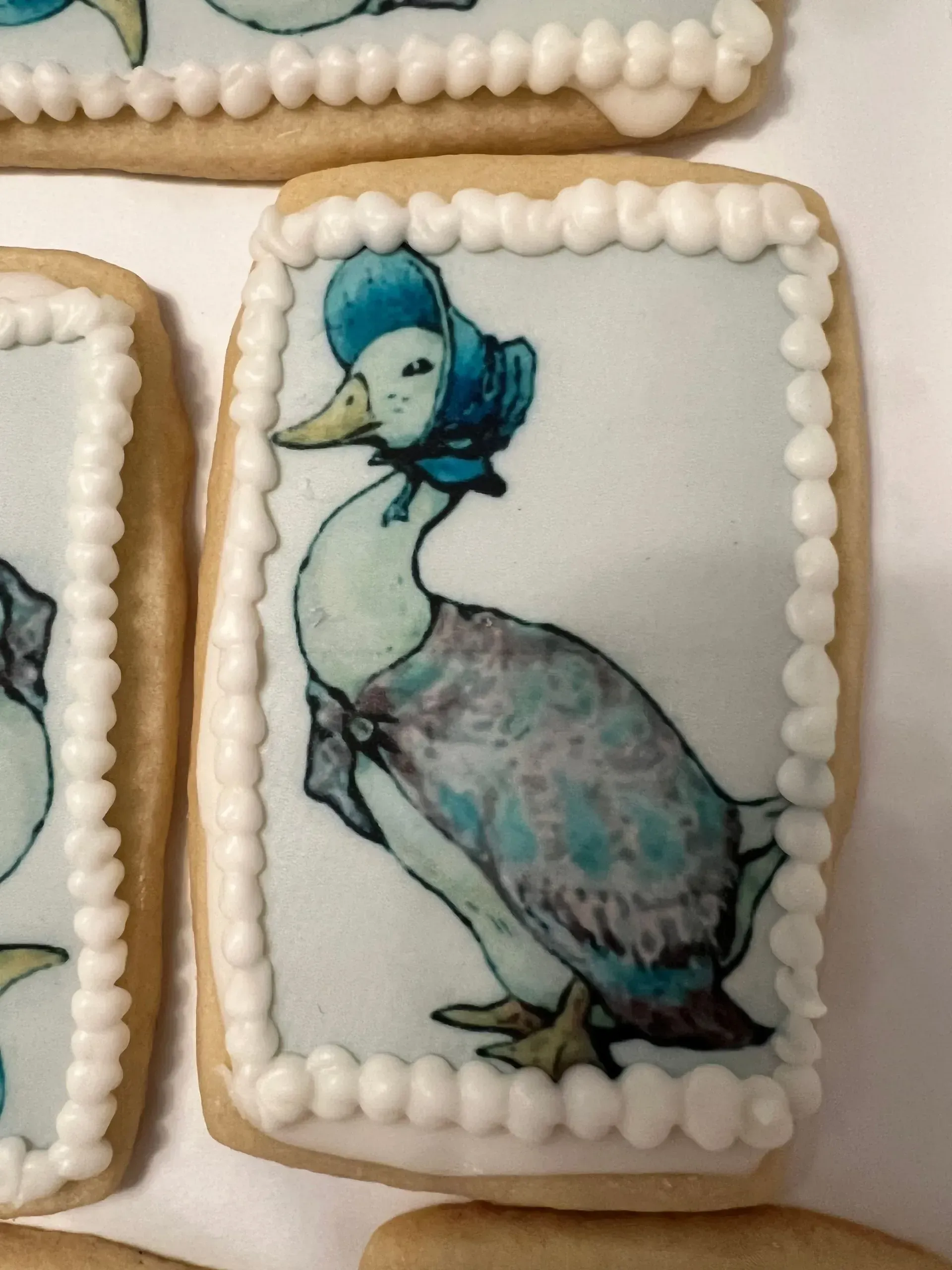 Decorated cookie with a blue bird illustration and scalloped white icing border