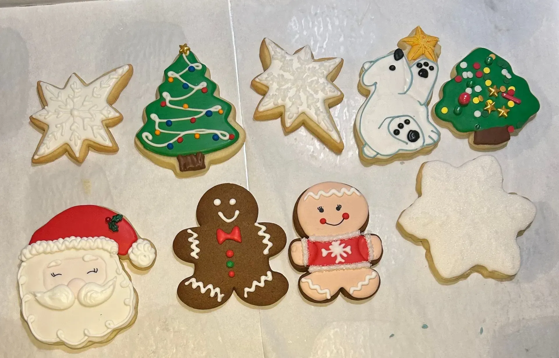 Assorted decorated Christmas cookies with stars, tree, Santa, gingerbread man, snowman, and stocking.