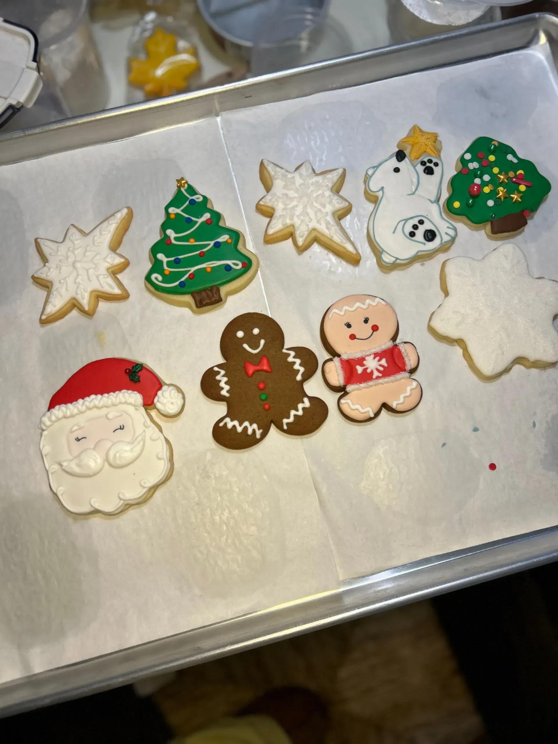 Assorted decorated holiday sugar cookies.