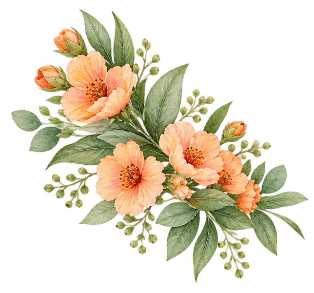 Watercolor floral arrangement with peach roses and green leaves on a white background