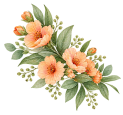 Watercolor bouquet of peach flowers and green leaves on a white background
