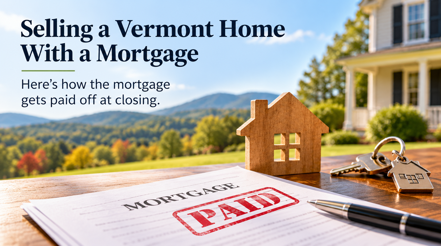 Selling a Vermont home with a mortgage showing mortgage payoff documents, house keys and a home at closing.