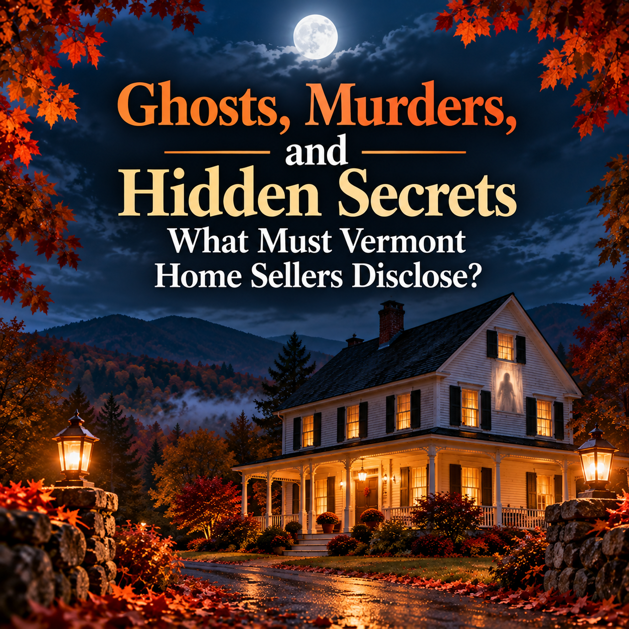 Halloween-themed image of a haunted Vermont farmhouse beneath a full moon, with autumn foliage