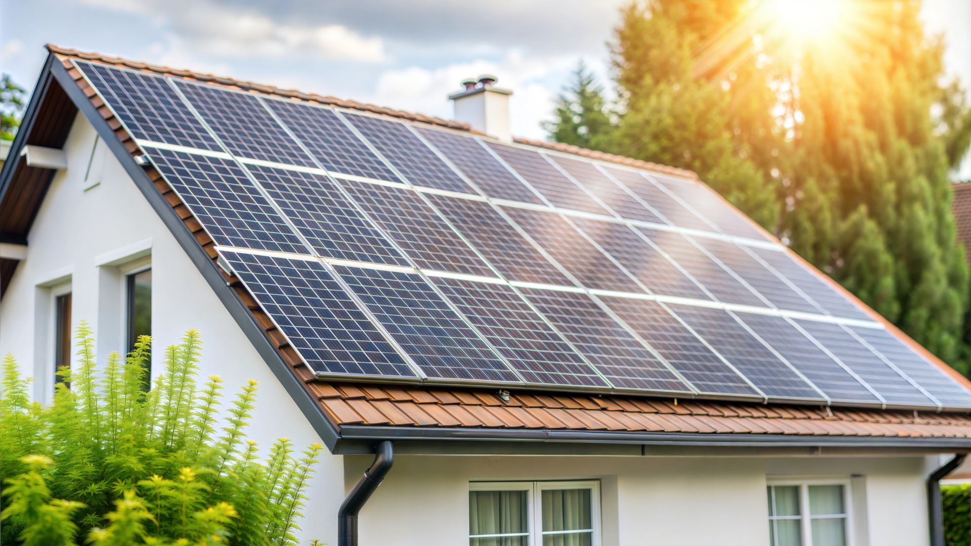 House roof covered with solar panels in bright sunlight, surrounded by green trees