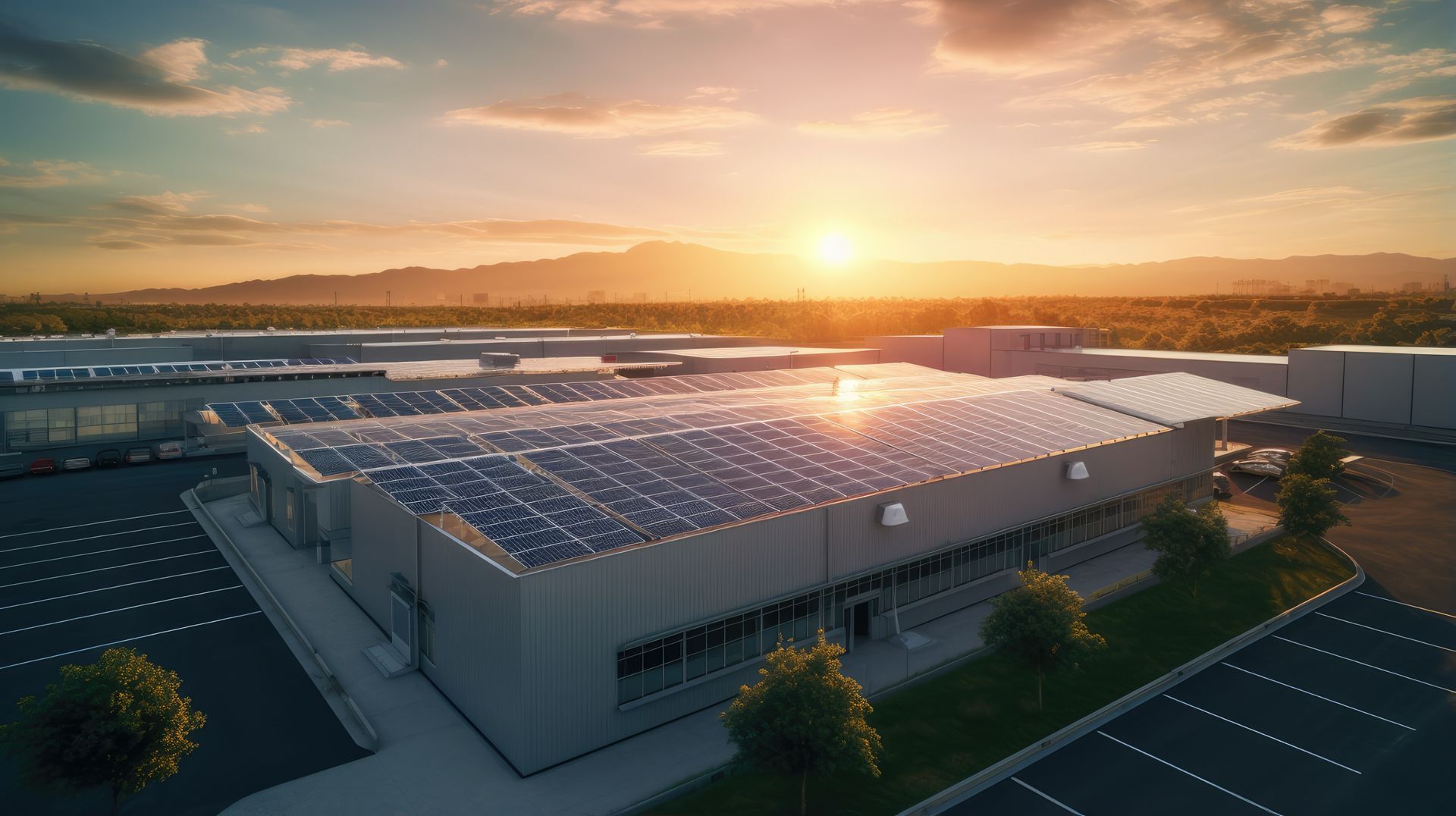 Solar-panel-covered industrial building at sunrise in a parking lot with mountains in the distance