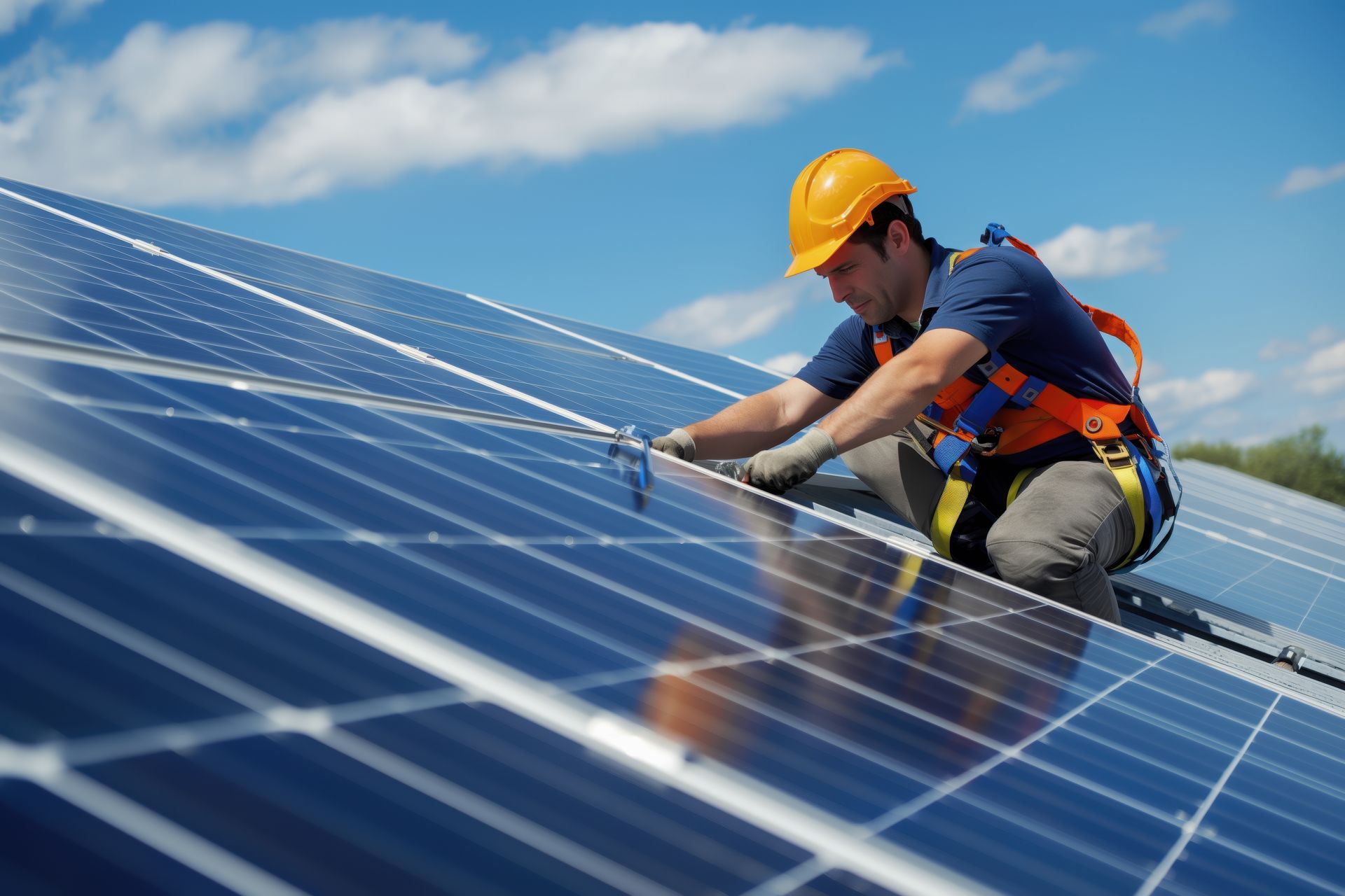 Worker in a hard hat cleaning solar panels on a rooftop under a blue sky