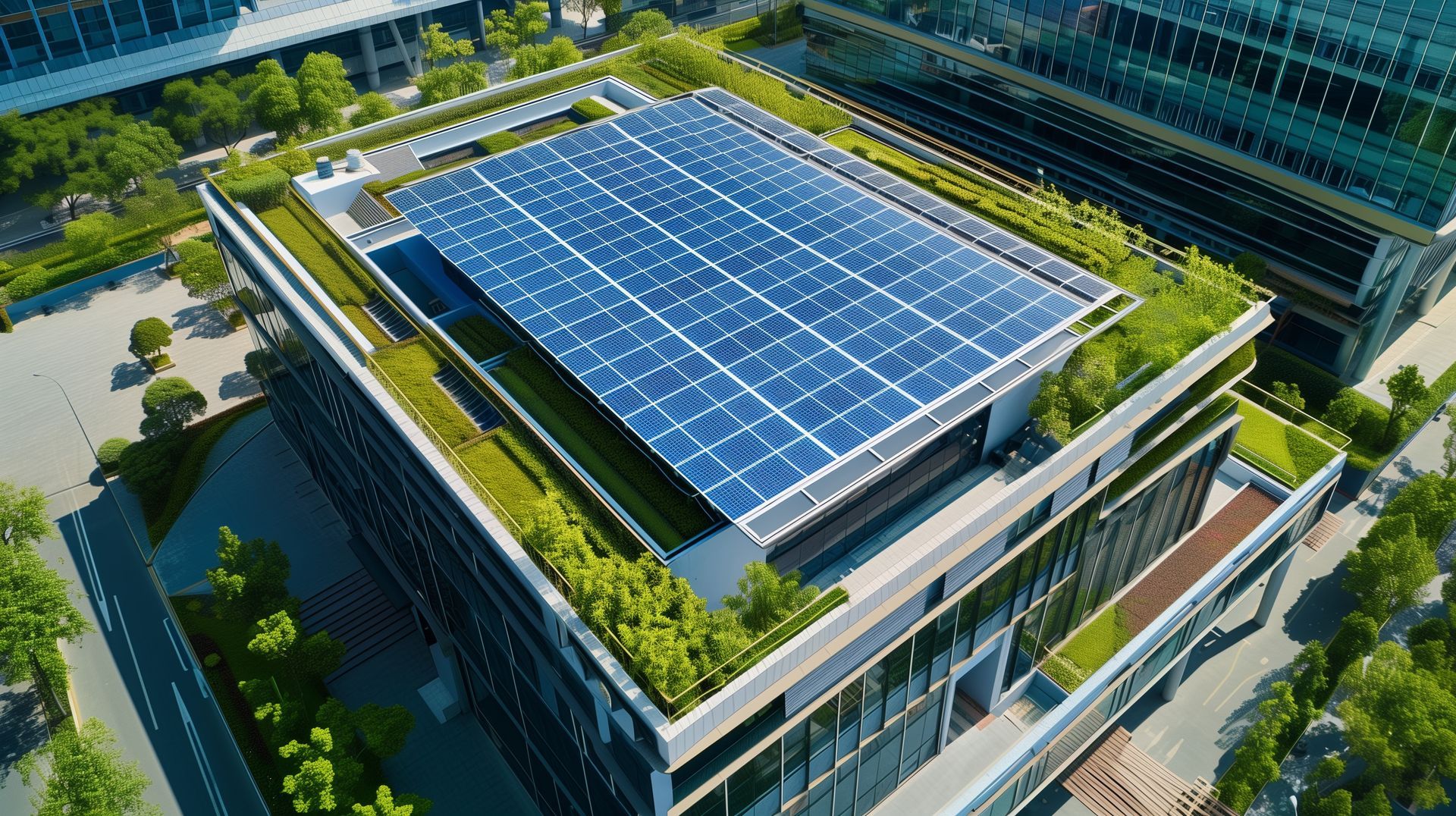 Rooftop solar panel array on a modern office building surrounded by greenery and glass facades