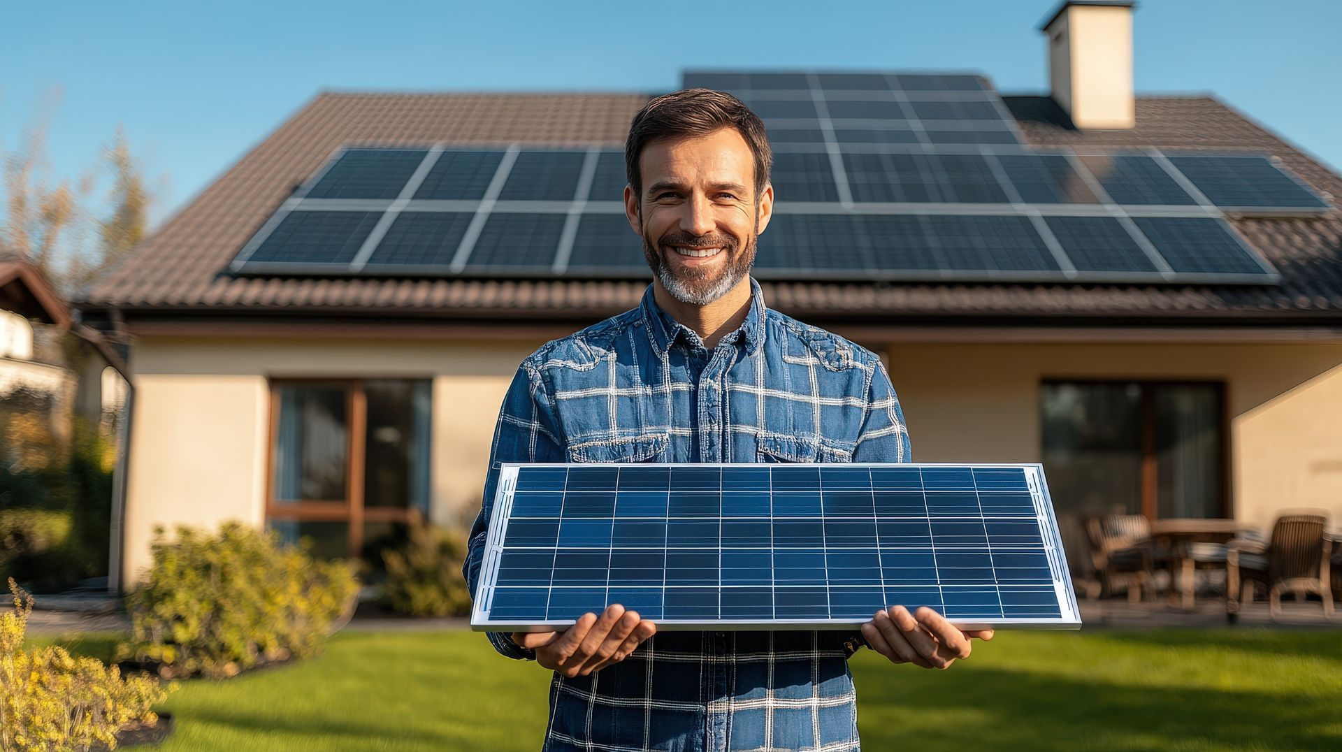 Man holding a solar panel in front of a house with rooftop solar panels and a sunny lawn