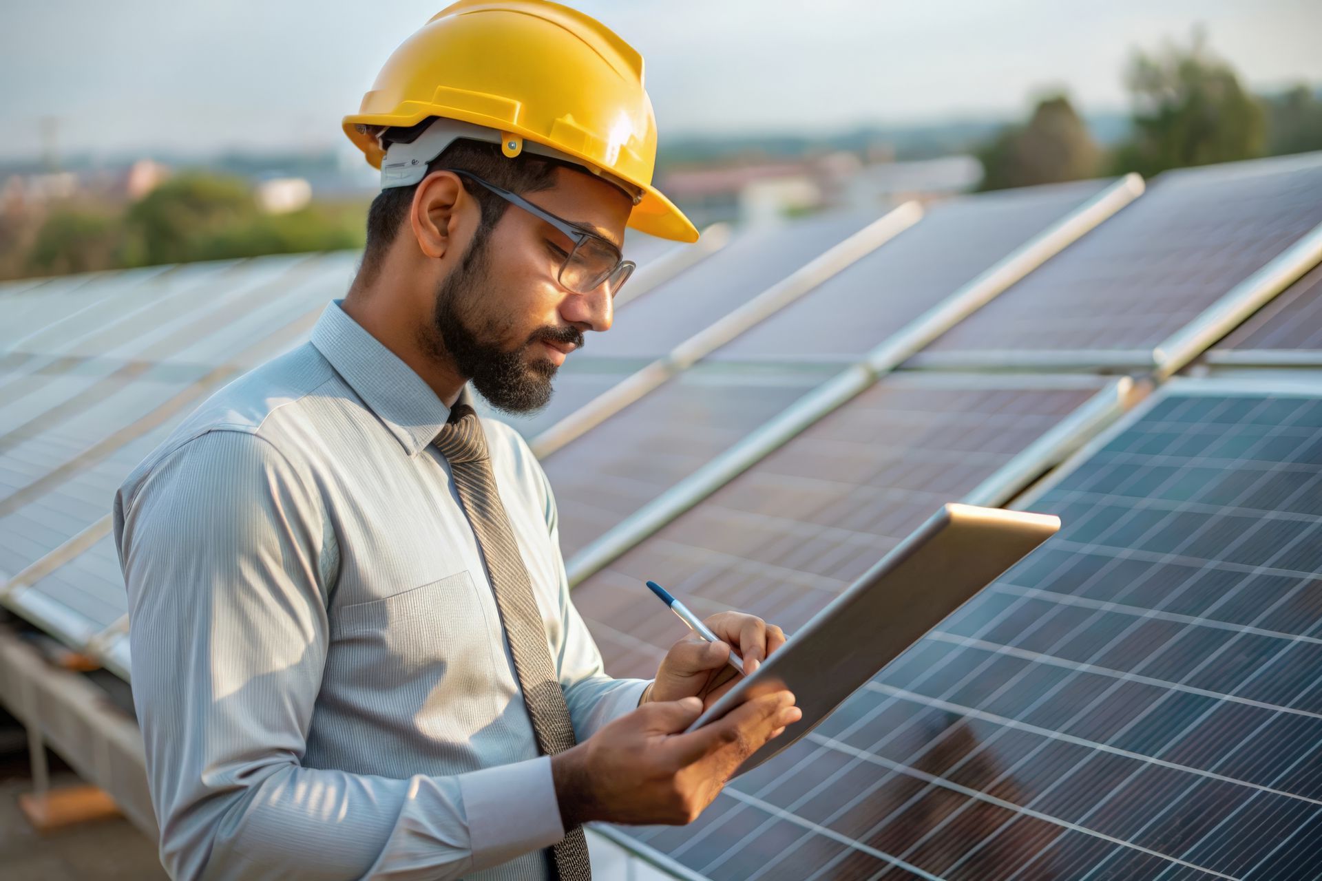 Technician in hard hat inspecting solar panels and taking notes with a tablet outdoors