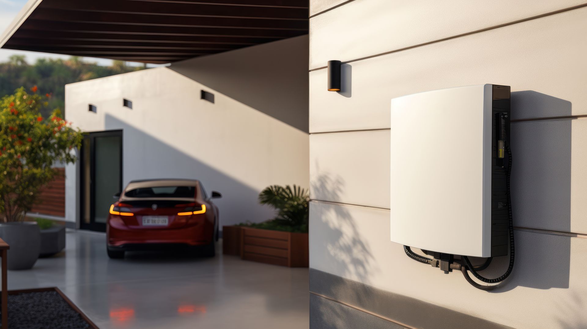 Modern home driveway with a red car charging from a wall-mounted EV charger on the exterior wall