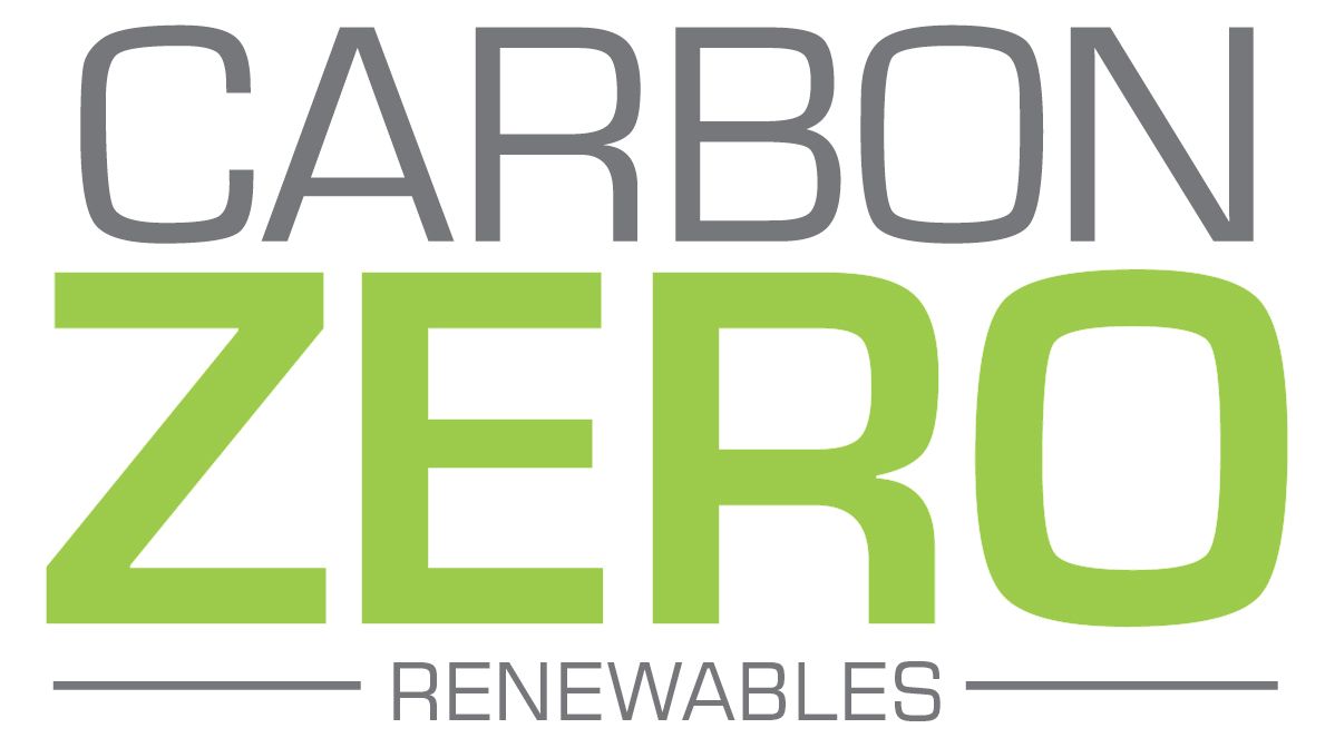 Carbon Zero Renewables logo with gray and green text and horizontal lines