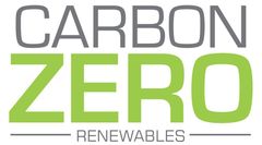 Carbon Zero Renewables logo with gray and green text and horizontal lines