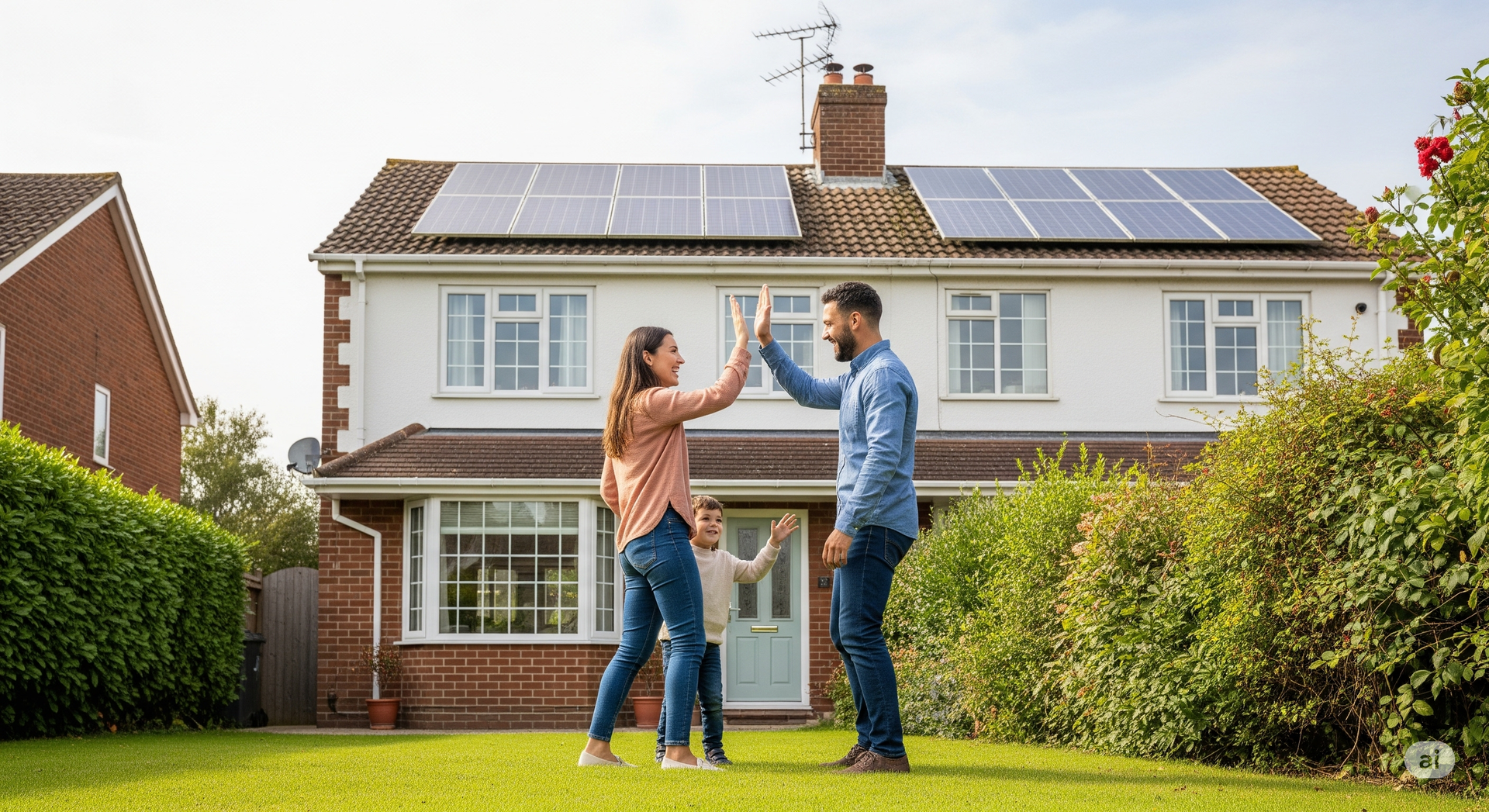 Two people high-five in front of a house with solar panels and a green lawn.
