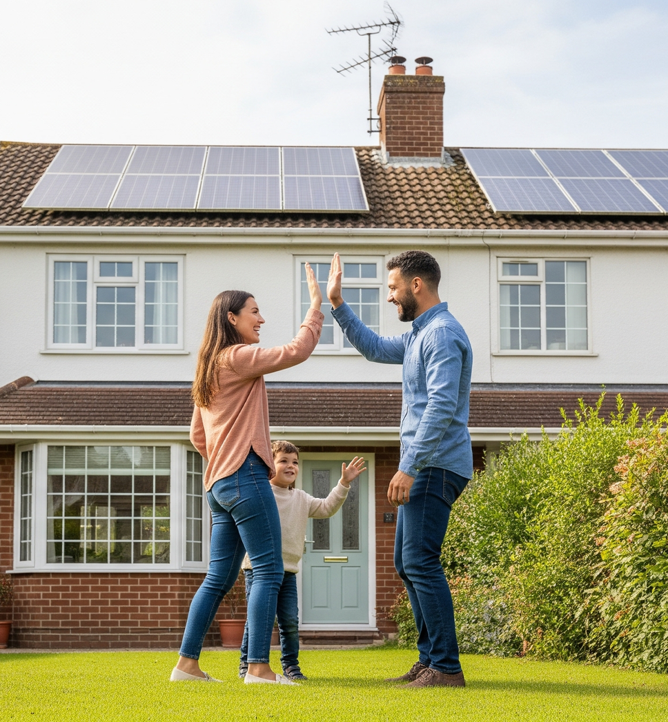 Family high-fiving in front of a house with solar panels on the roof