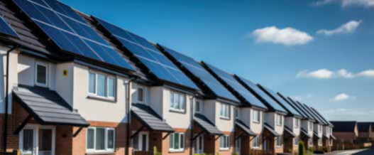 Row of suburban houses with solar panels on the roofs under a blue sky