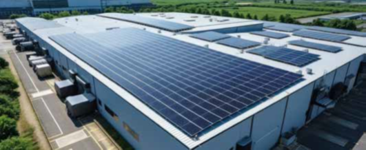 Aerial view of a warehouse rooftop covered with solar panels