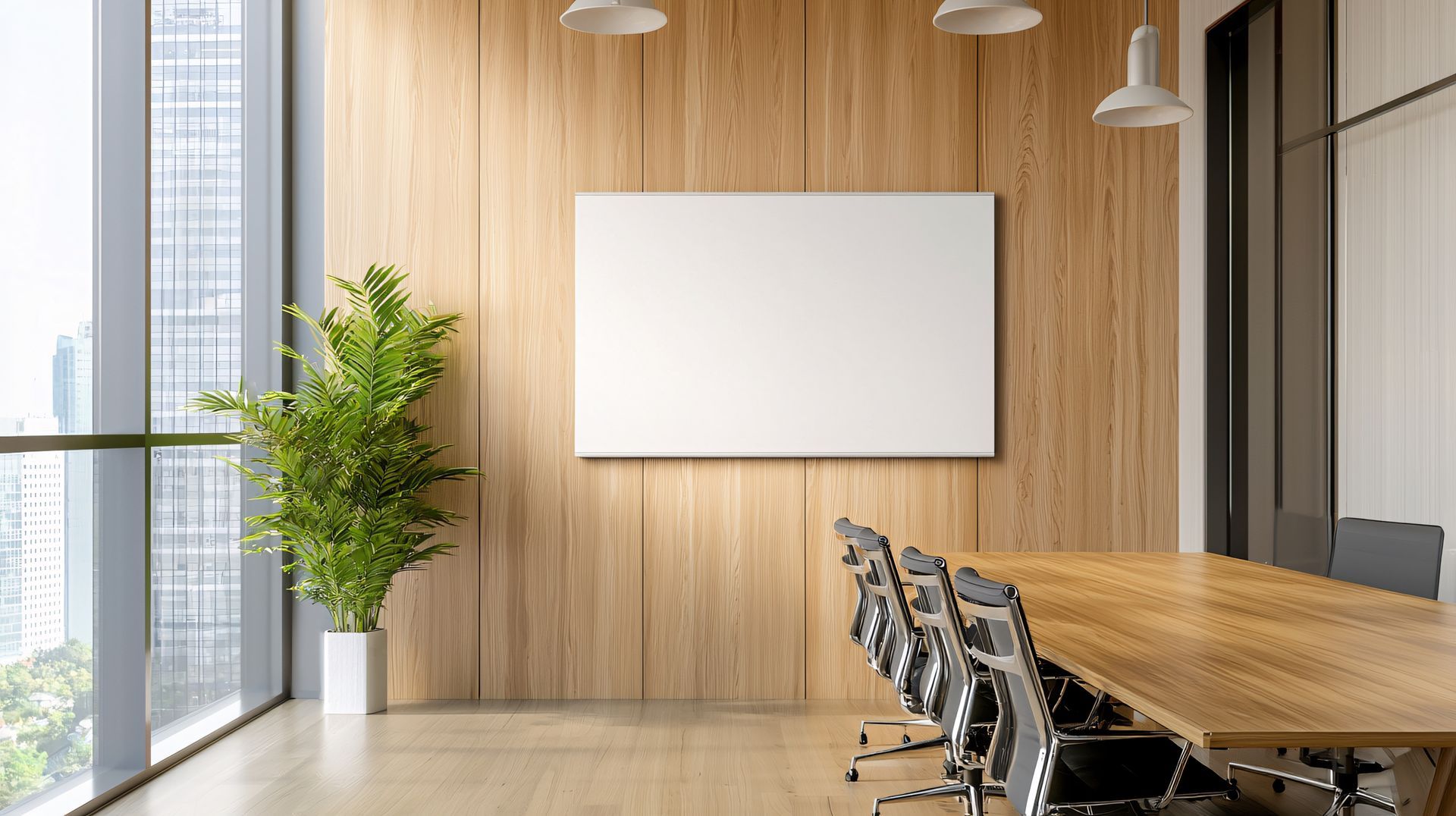 Modern conference room with wood-paneled wall, whiteboard, long table, and chairs by a city window