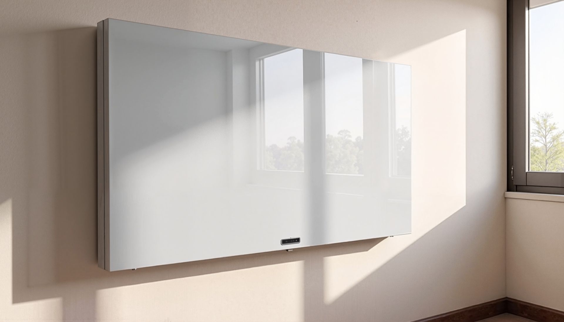Modern white wall-mounted cabinet in a sunlit room near a window