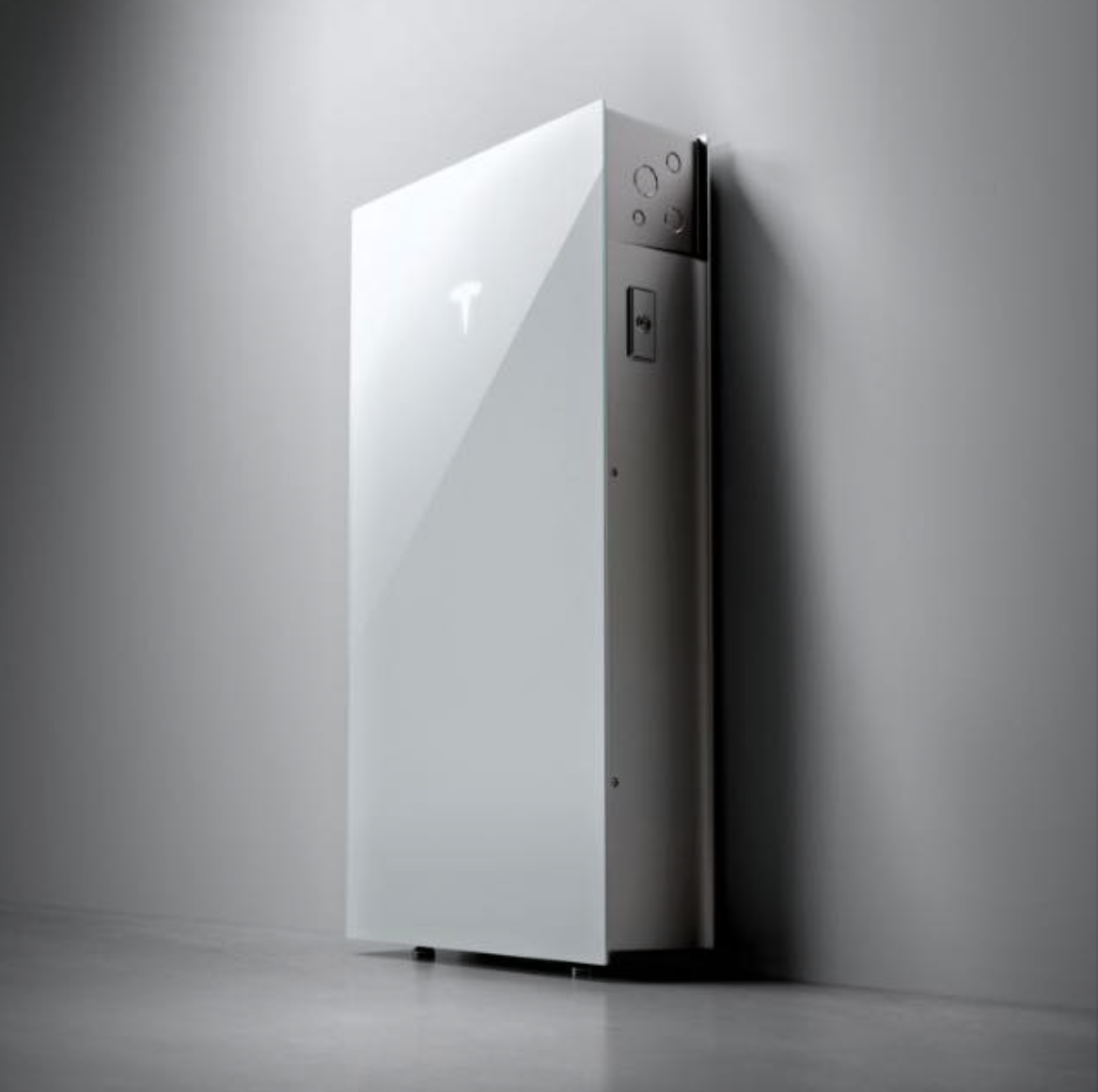 White wall-mounted Tesla Powerwall battery unit on a gray wall, viewed in profile.