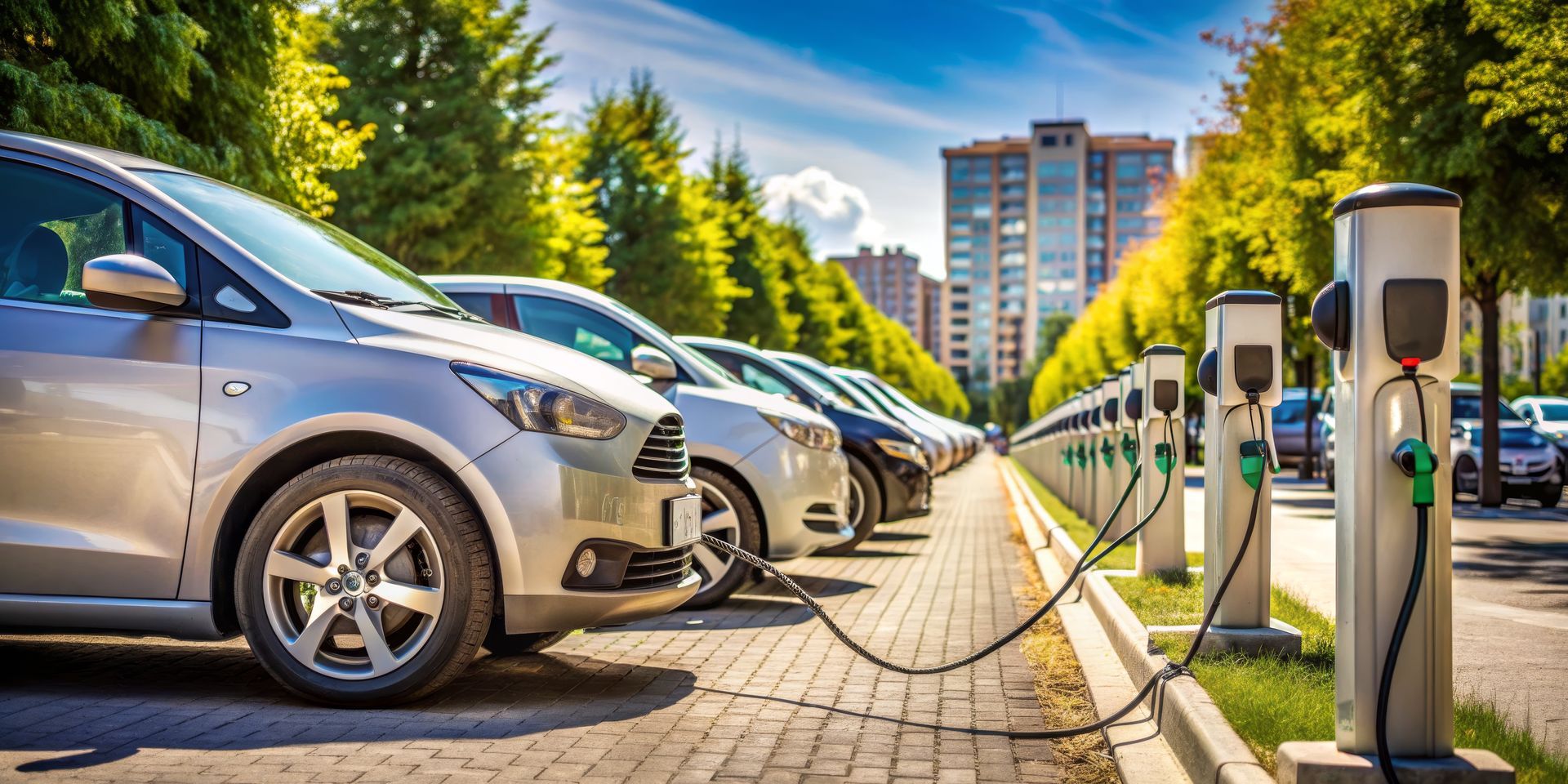 Row of electric cars charging at roadside stations on a sunny tree-lined street