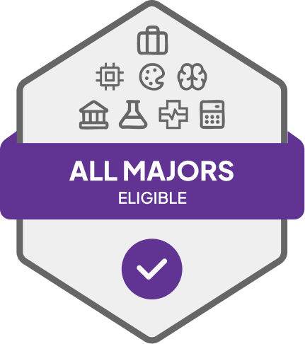 Badge with blue banner: 