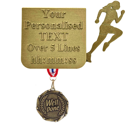 Gold personalized running medal with engraved text and a hanging “Well done” charm