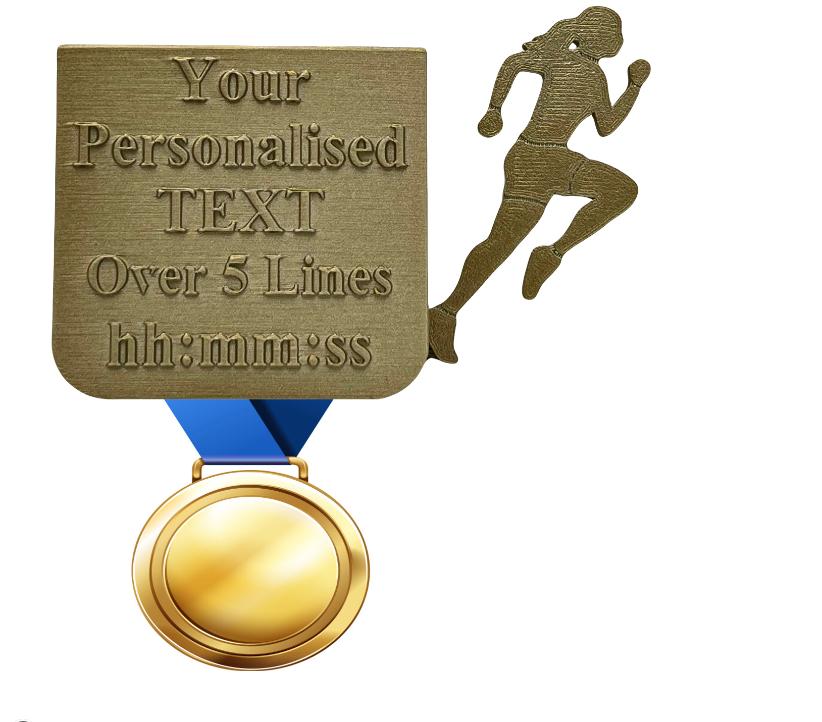 Gold personalized medal with runner silhouette and customizable MyMedal Display Box