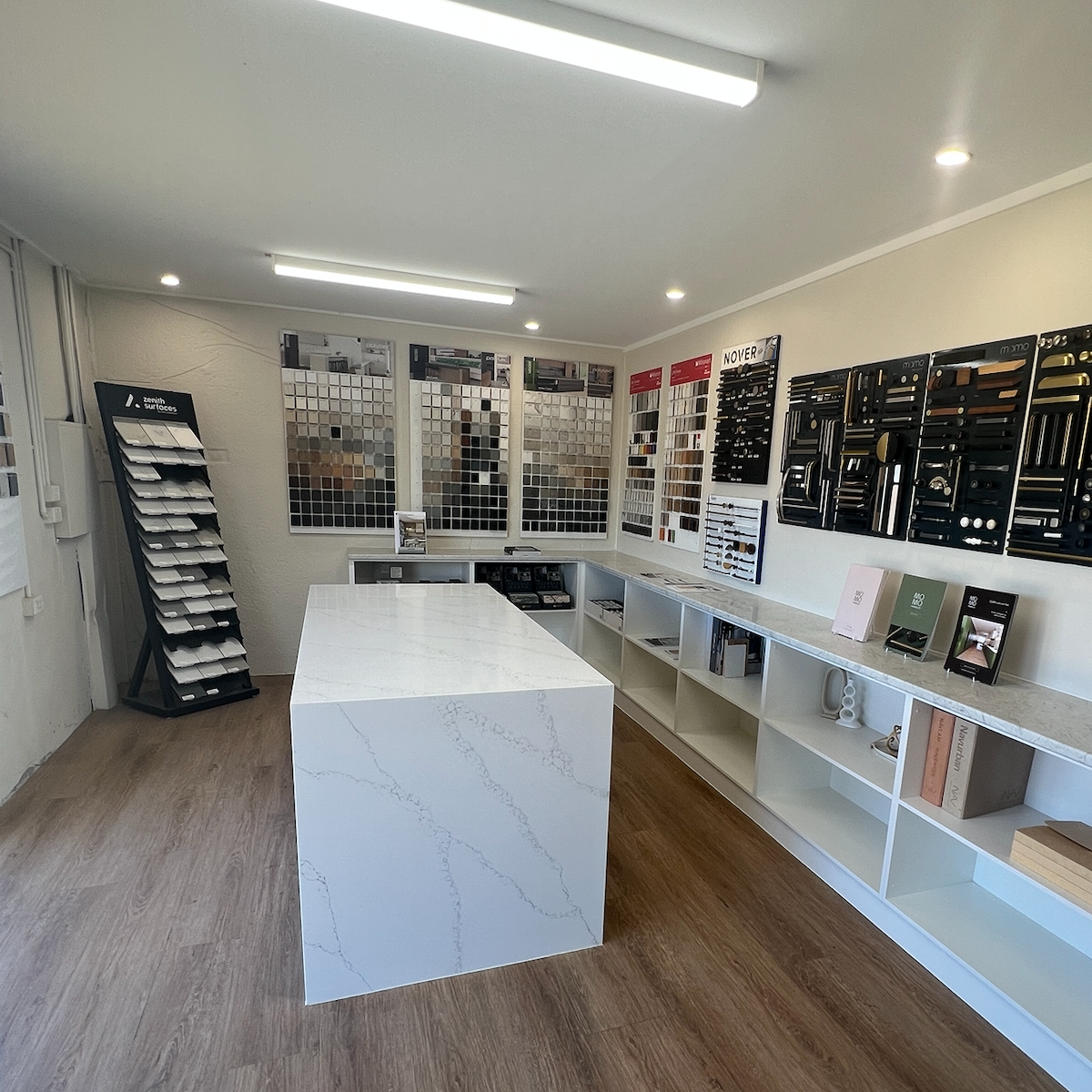 White Counter Top Surrounded By Tiles Display — Kreuzer Cabinets In East Wagga Wagga, NSW
