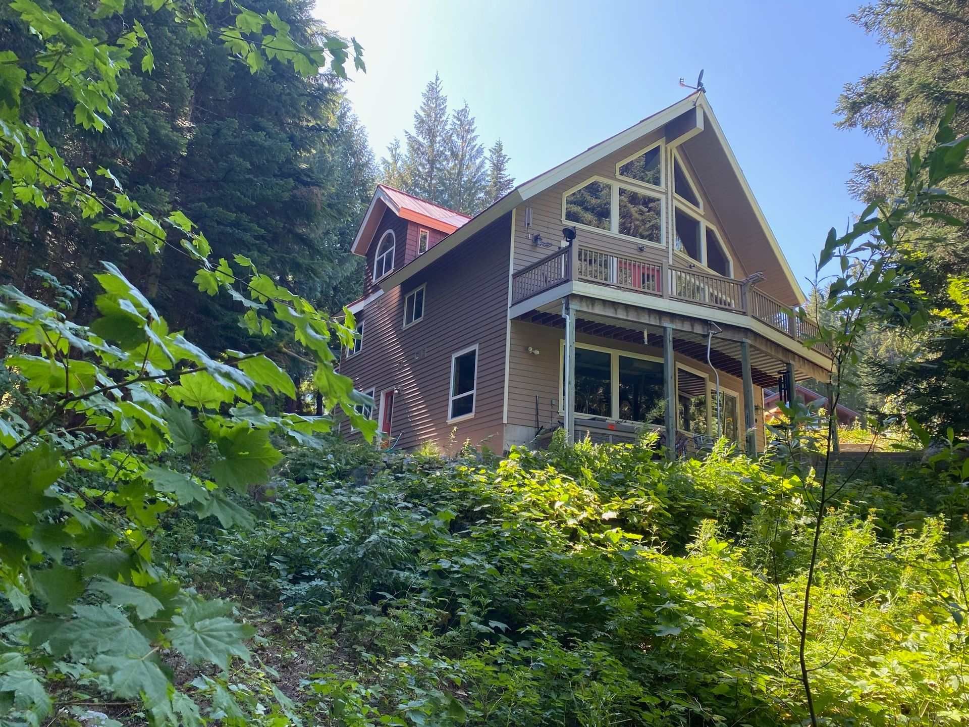 Brown house with a red roof, surrounded by green foliage, in a sunny forest setting.
