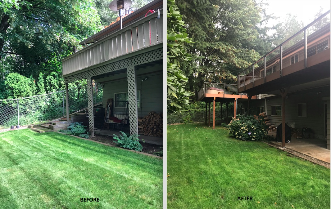 A split image showing a backyard with a deck. The before image shows a deck with stacked firewood and lush grass. The after image shows the same deck.