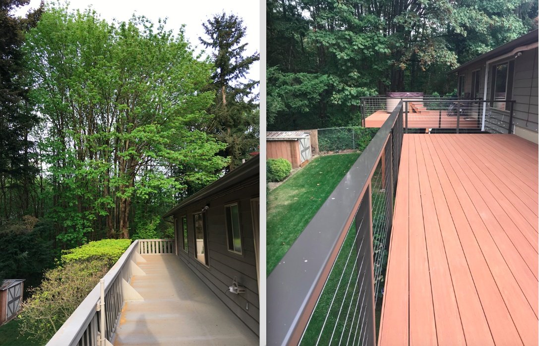 Two views of a house with a walkway and deck, both with metal railings. Lush greenery surrounds the house.