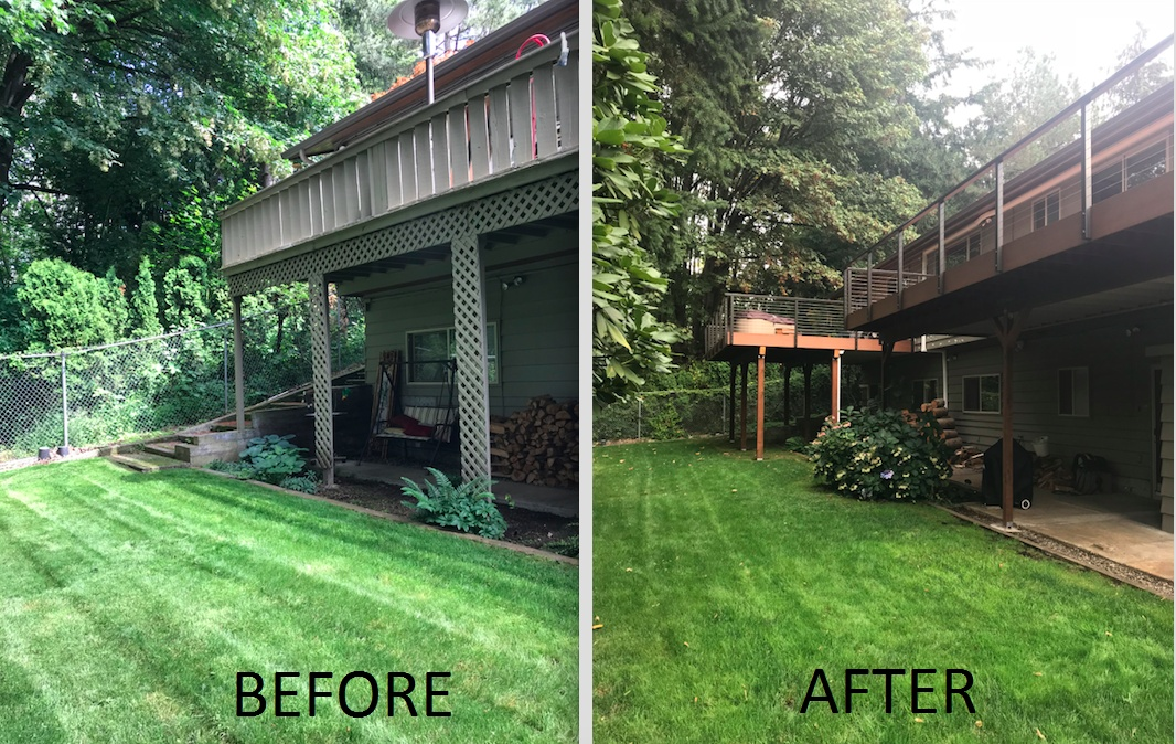 Before and after yard work: Deck and house with green lawn and trees.