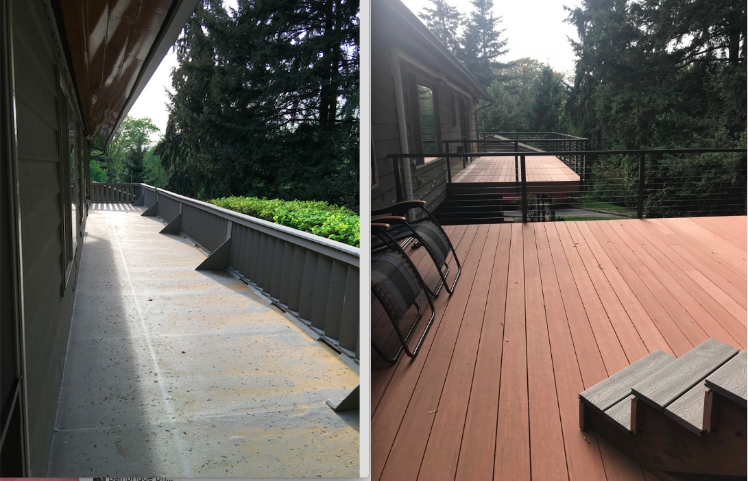 Two decks. Left: gray concrete. Right: brown wood with stairs and black railing. Green trees in background.