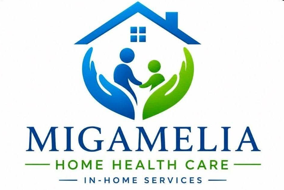Migamelia Home Health Care logo with blue and green house, parent and child figures, and text