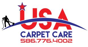 USA Carpet Care logo with red, blue, and black text, phone number 586-776-4002, and a star over the A