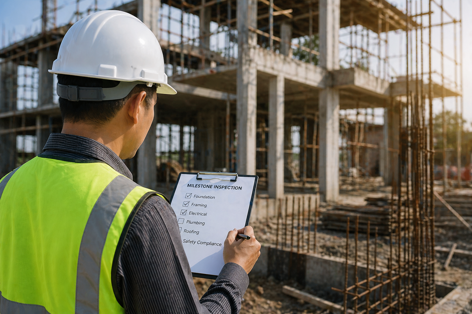 Construction worker in a white hard hat and safety vest reviewing a checklist at a building site