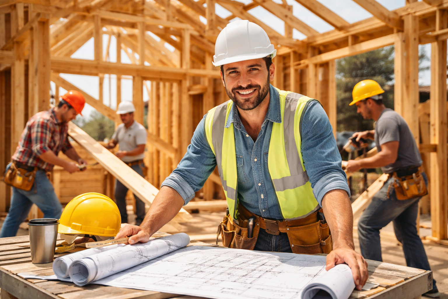 Construction crew reviewing blueprints at a wooden house frame, with hard hats and safety vests.