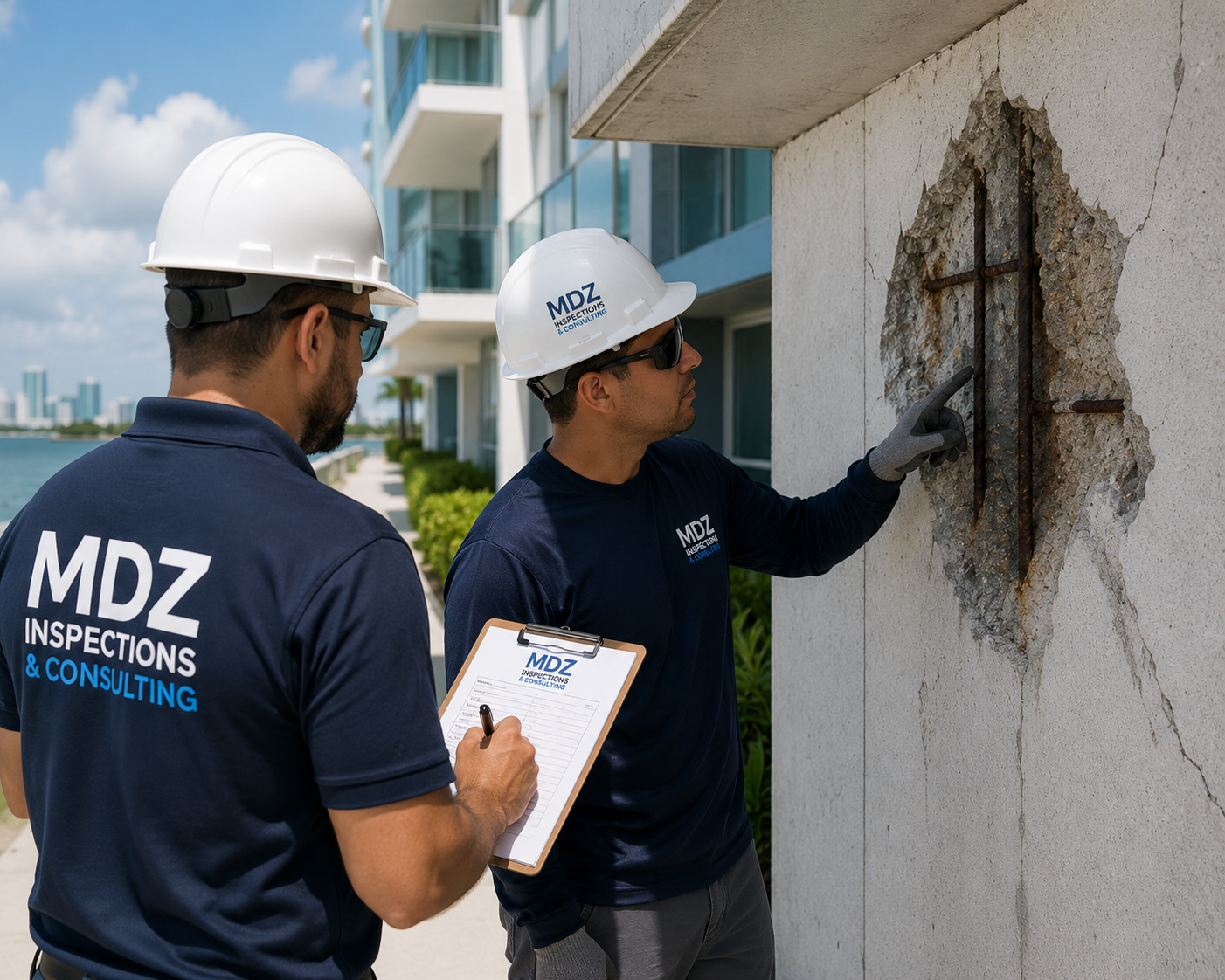 Two inspectors in hard hats examine a damaged exterior wall at a building site.