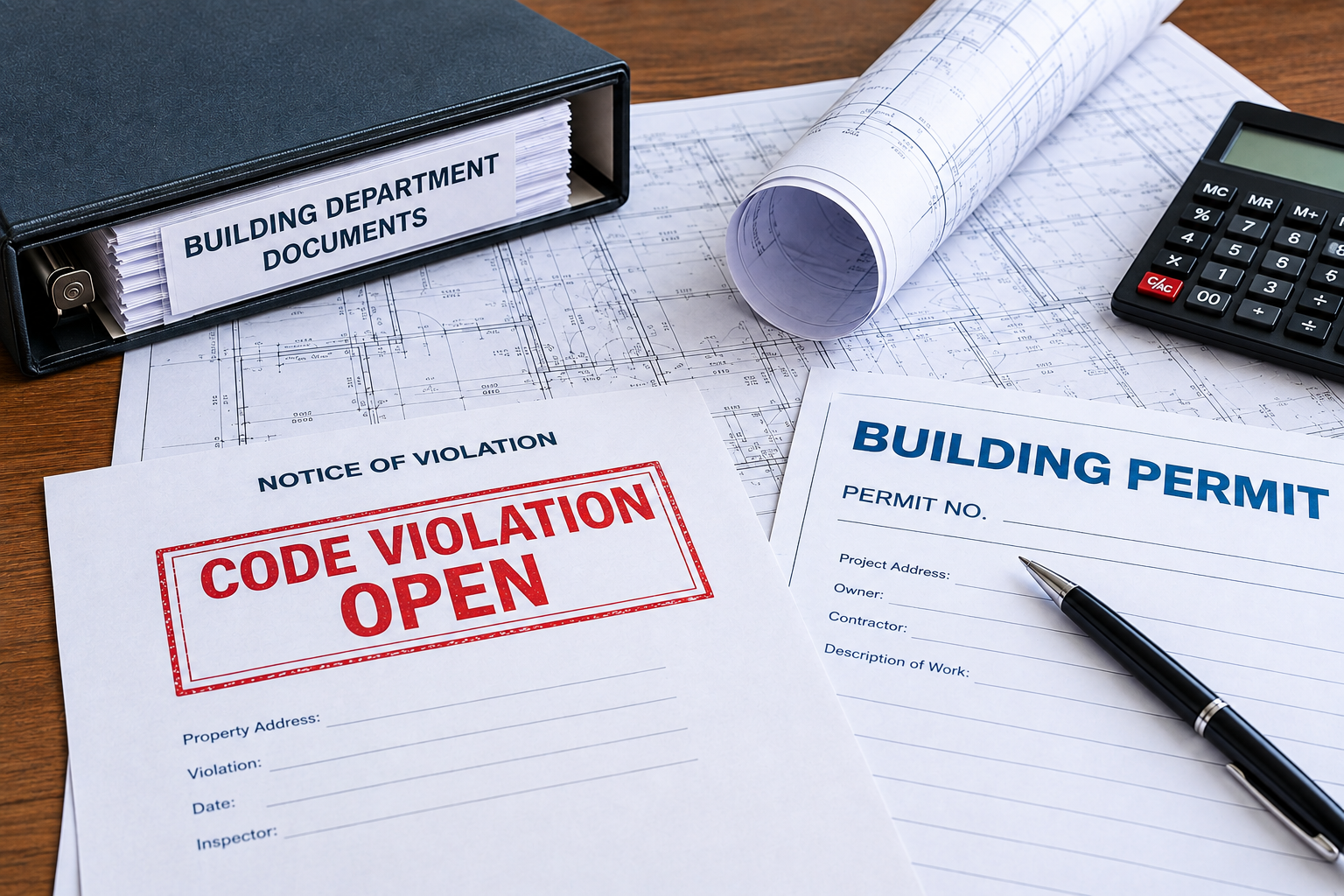 Building permit and code violation documents on a desk with binder, calculator, pen, and rolled plans
