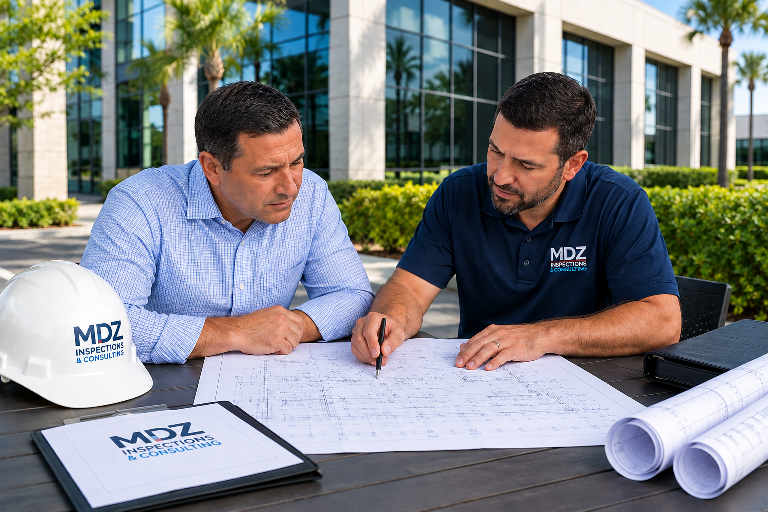 Two men reviewing plans at an outdoor table beside a modern office building