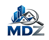 Blue MDZ real estate logo with buildings, houses, and a magnifying glass