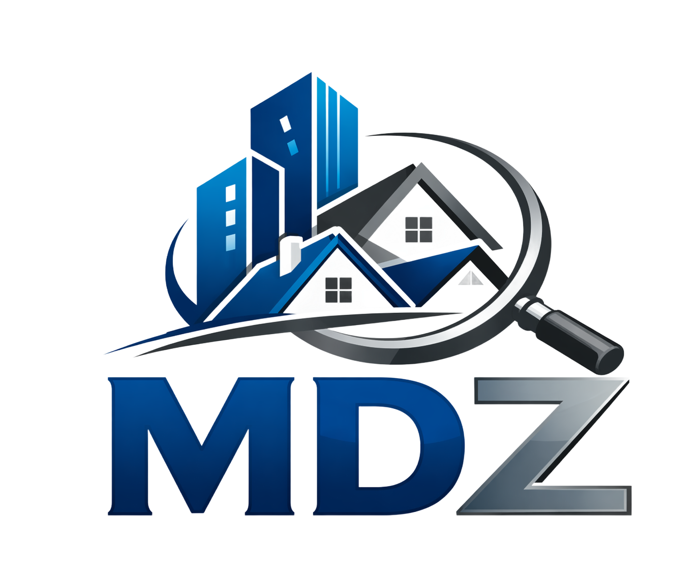 Blue MDZ real estate logo with buildings, houses, and a magnifying glass