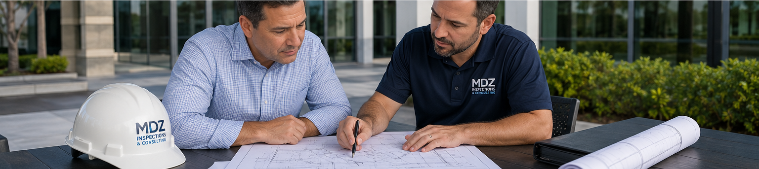 Two men reviewing plans at a table outdoors, with a hard hat in the foreground.