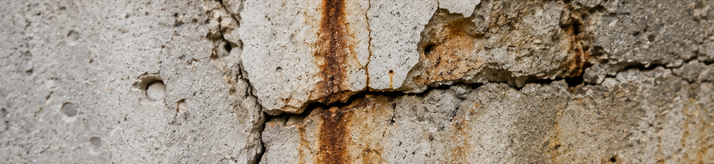 Close-up of a cracked concrete wall with rust-colored water stains running downward