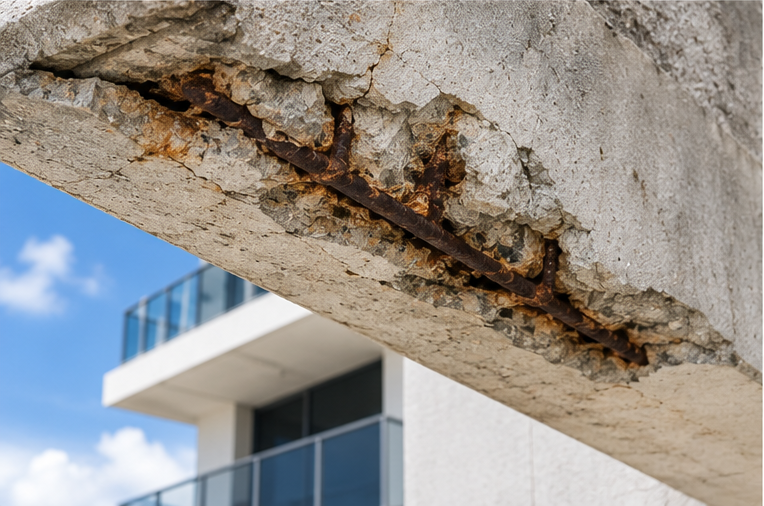Cracked concrete beam with exposed rusted rebar against a modern building and blue sky