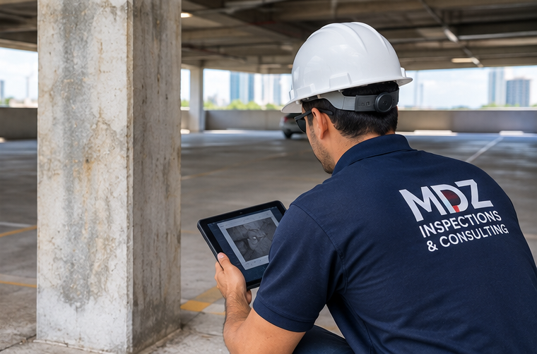 Inspector in white hard hat using a tablet in a concrete building under construction