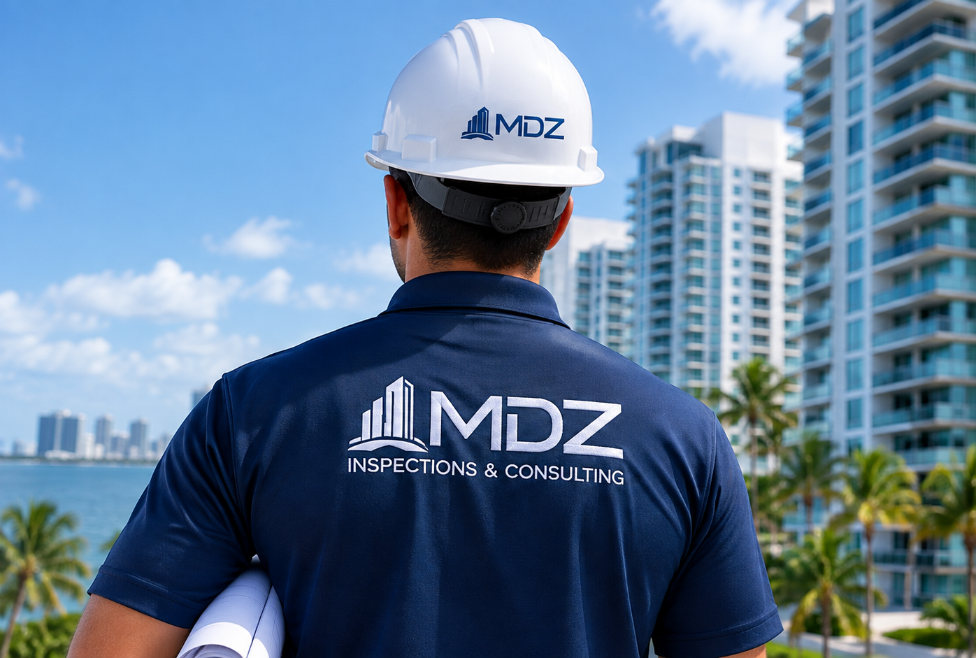 Worker in white hard hat and navy MDZ shirt overlooking waterfront high-rises under blue sky